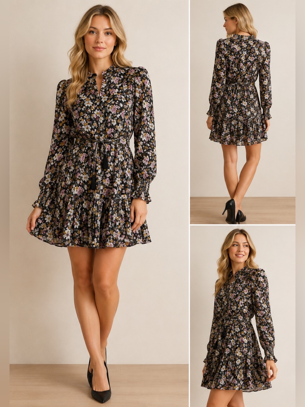 Veronica Beard Danica Floral Mini Dress Size S Black Pink Tassel